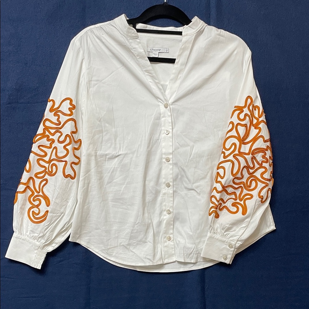 Chico's Artistic Gold Orange Cord Embellished White Collar Button Down Stretchy